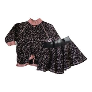 Vintage 1990s LL Sport Funwear Black Pink Floral 2pc Sweater Skirt Set